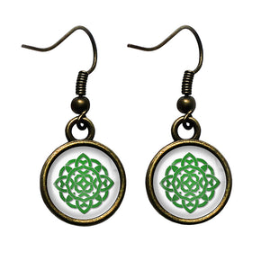 Celtic Knot Circle Green on White Antique Bronze Earrings