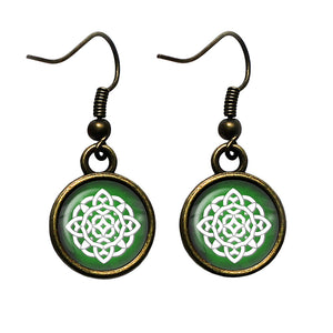 Celtic Symbol Circle White on Green Antique Bronze Earrings