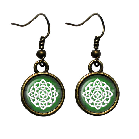 Celtic Symbol Circle White on Green Antique Bronze Earrings