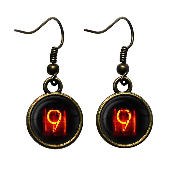 Dieselpunk Steampunk Cyberpunk Nixie Tube Print Number 9 Nine Antique Bronze Earrings