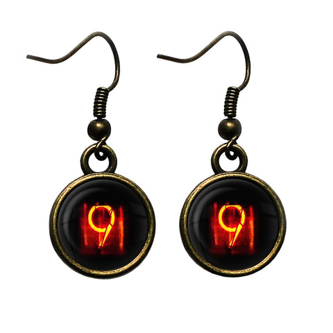 Dieselpunk Steampunk Cyberpunk Nixie Tube Print Number 9 Nine Antique Bronze Earrings
