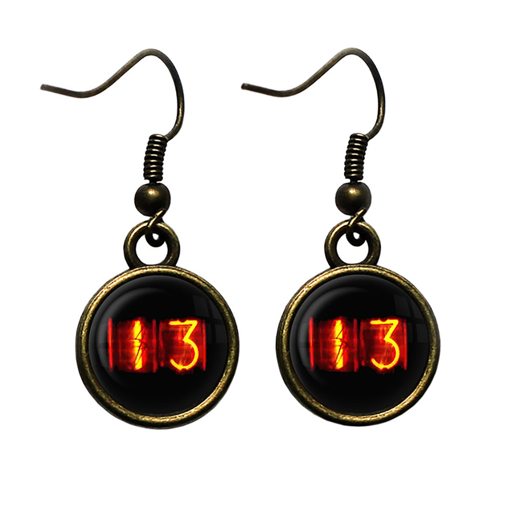 Dieselpunk Steampunk Cyberpunk Nixie Tube Print Number 13 Thirteen Halloween Antique Bronze Earrings