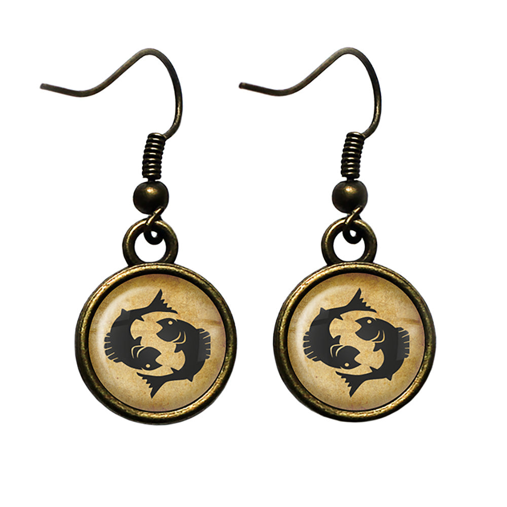 Astrology Zodiac Sign Pisces Antique Bronze Earrings
