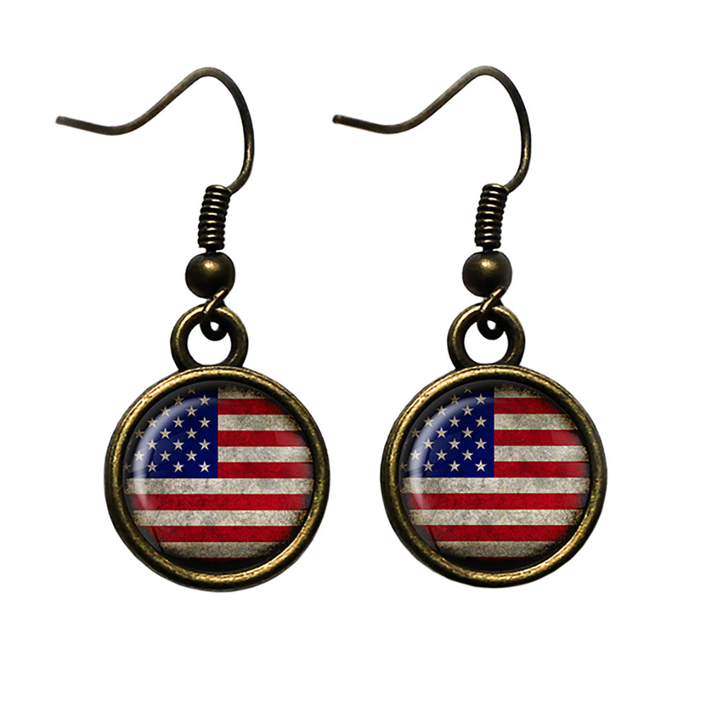 United States of America USA Flag Antique Bronze Earrings