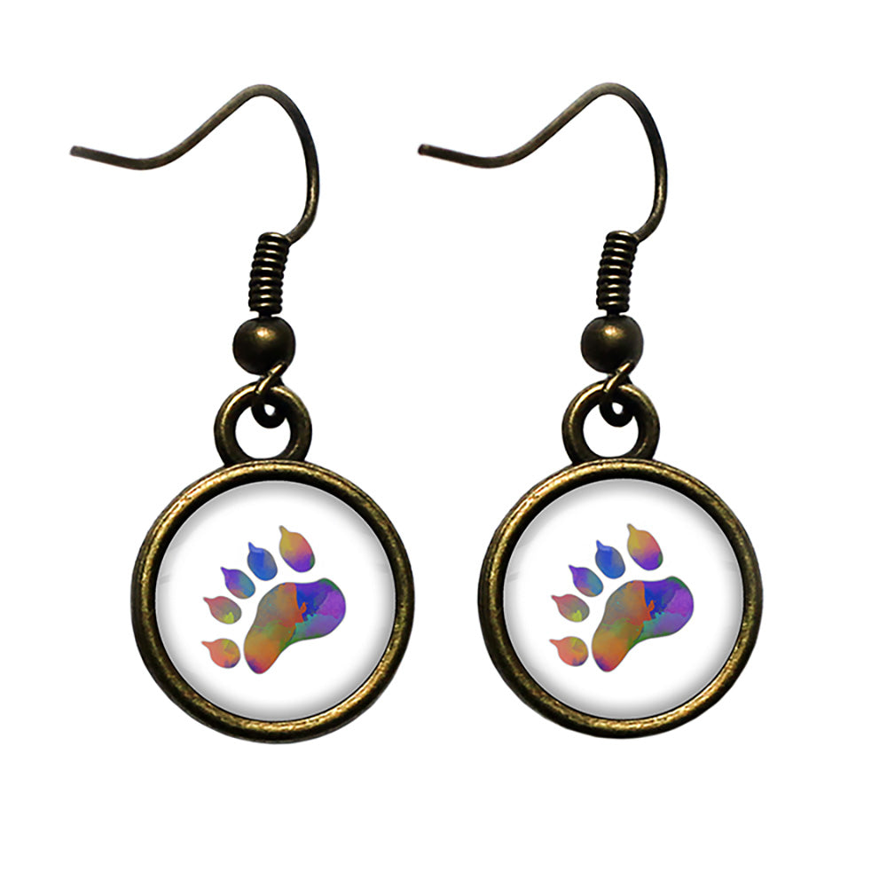 Bear Paw Print Rainbow Watercolor Antique Bronze Earrings
