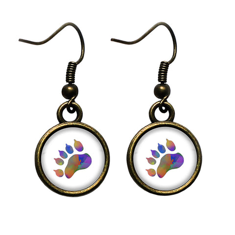 Bear Paw Print Rainbow Watercolor Antique Bronze Earrings