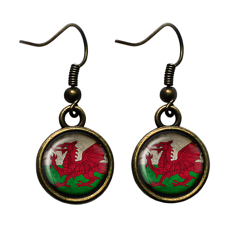 Wales Welsh Flag Antique Bronze Earrings