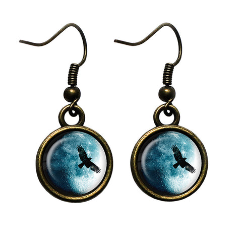Halloween Full Moon Raven Antique Bronze Earrings