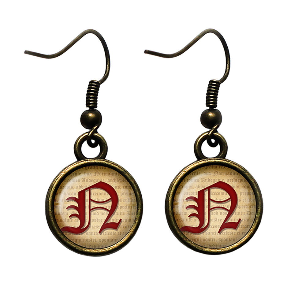N Letter Old English Gothic Blackletter Magna Carta Antique Bronze Earrings