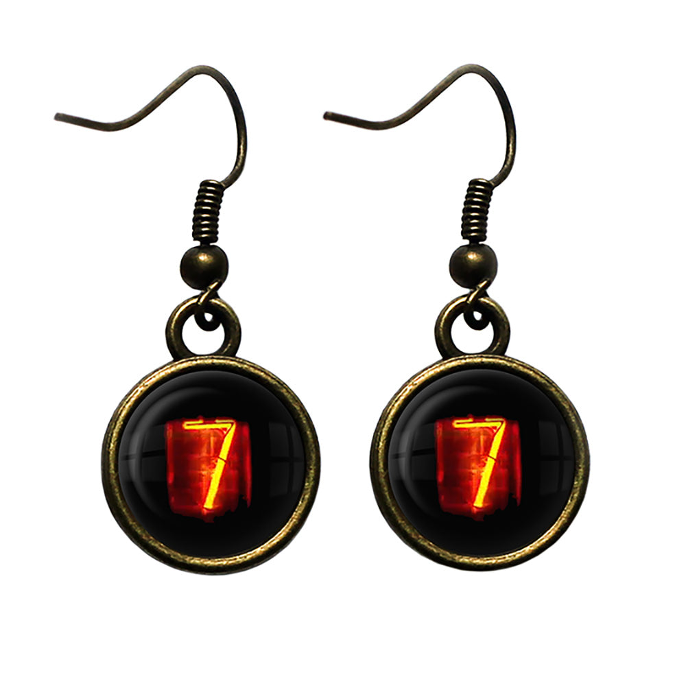 Dieselpunk Steampunk Cyberpunk Nixie Tube Print Number 7 Seven Antique Bronze Earrings