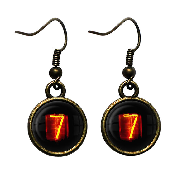 Dieselpunk Steampunk Cyberpunk Nixie Tube Print Number 7 Seven Antique Bronze Earrings