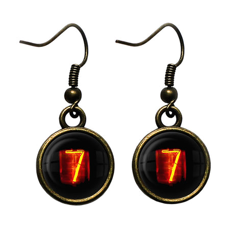 Dieselpunk Steampunk Cyberpunk Nixie Tube Print Number 7 Seven Antique Bronze Earrings
