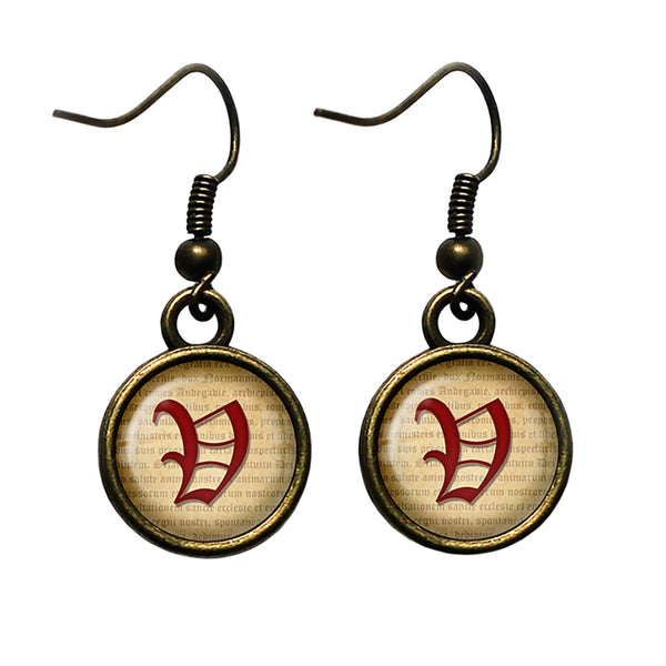 V Letter Old English Gothic Blackletter Magna Carta Antique Bronze Earrings
