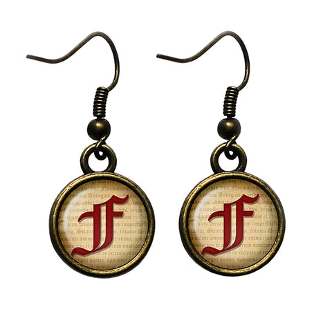 F Letter Old English Gothic Blackletter Magna Carta Antique Bronze Earrings