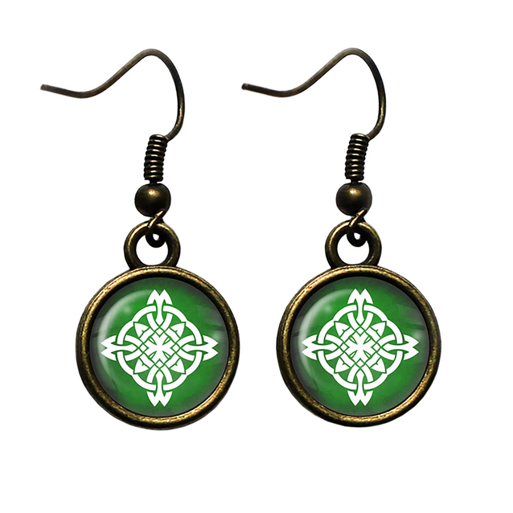 Celtic Knot Circle White on Green Antique Bronze Earrings
