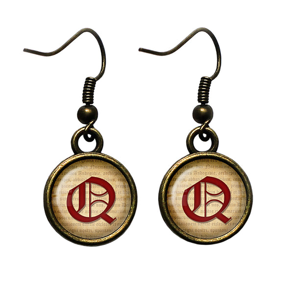 Q Letter Old English Gothic Blackletter Magna Carta Antique Bronze Earrings