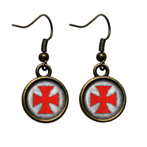 Worn Knights Templar Cross Red on White Antique Bronze Earrings