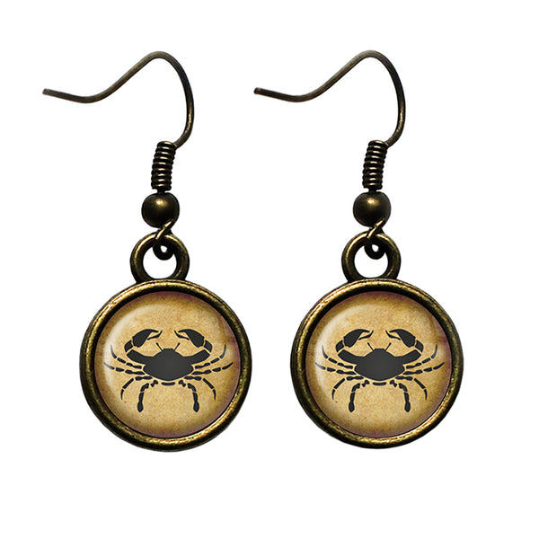 Zodiac Symbol Astrology Cancer Antique Bronze Earrings