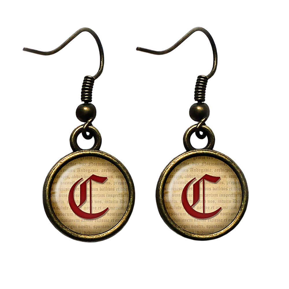 C Letter Old English Gothic Blackletter Magna Carta Antique Bronze Earrings
