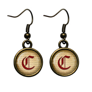 C Letter Old English Gothic Blackletter Magna Carta Antique Bronze Earrings
