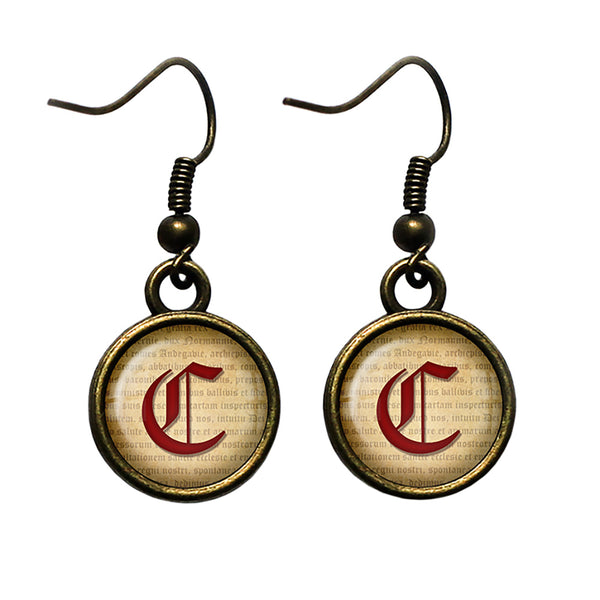 C Letter Old English Gothic Blackletter Magna Carta Antique Bronze Earrings