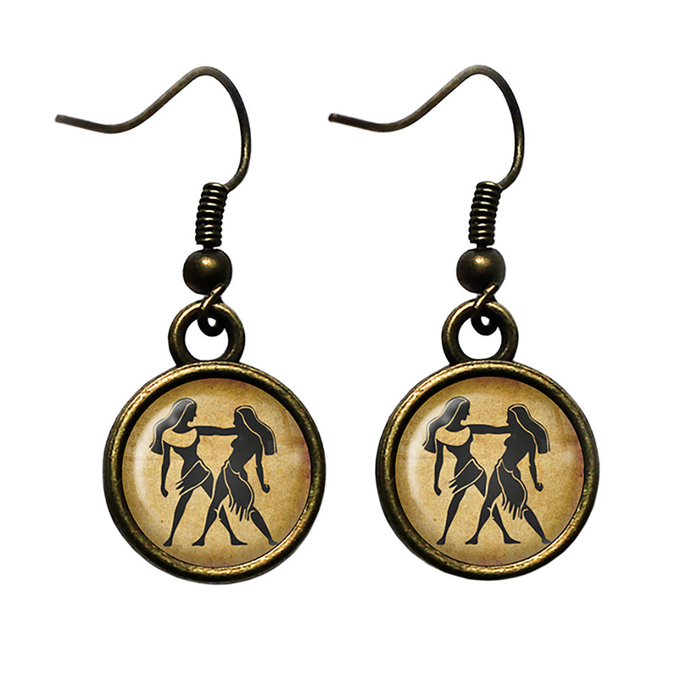 Zodiac Symbol Astrology Gemini Antique Bronze Earrings