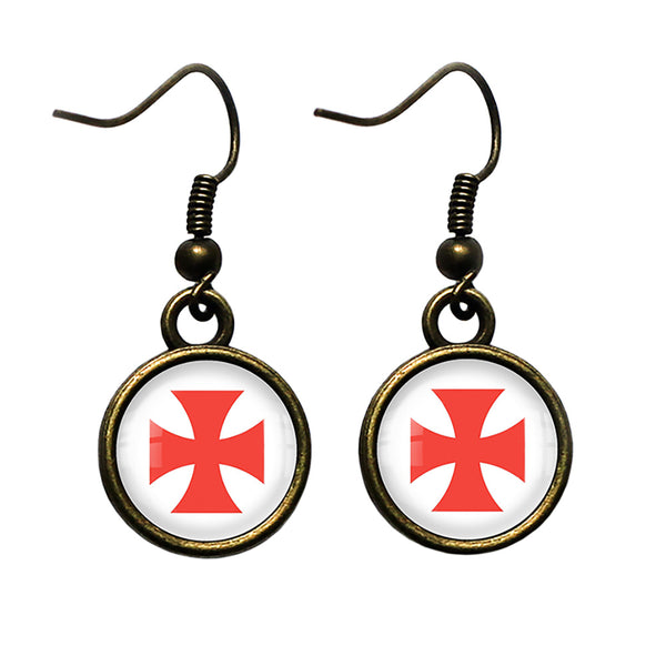 Knights Templar Cross Red on White Antique Bronze Earrings