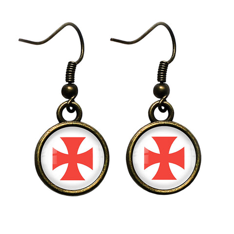 Knights Templar Cross Red on White Antique Bronze Earrings