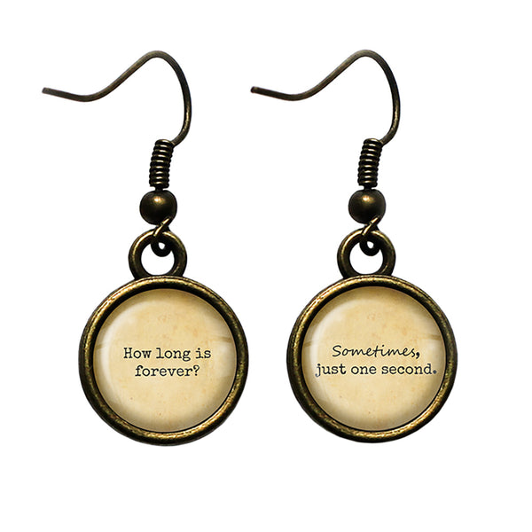 Alice in Wonderland How Long is forever Just One Second Antique Bronze Earrings