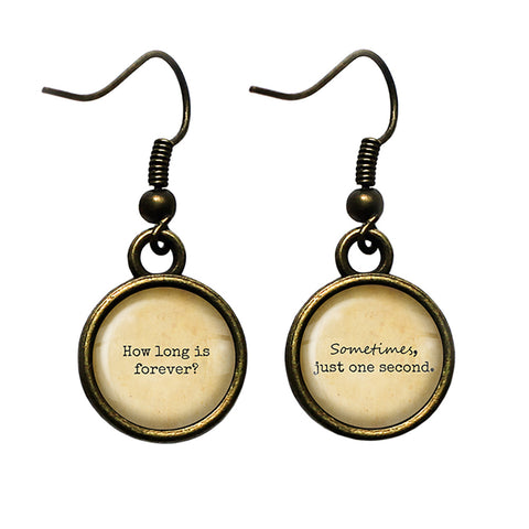 Alice in Wonderland How Long is forever Just One Second Antique Bronze Earrings