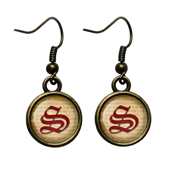 S Letter Old English Gothic Blackletter Magna Carta Antique Bronze Earrings