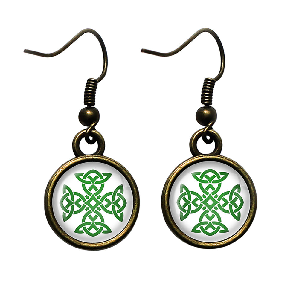 Celtic Knot Cross Green on White Antique Bronze Earrings