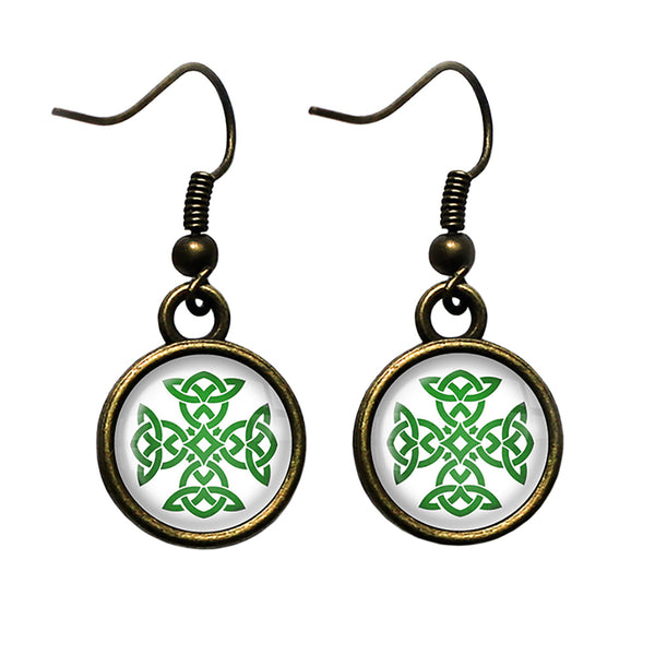 Celtic Knot Cross Green on White Antique Bronze Earrings