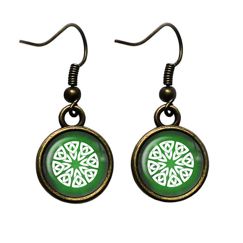 Celtic Knot Circle White on Green Antique Bronze Earrings