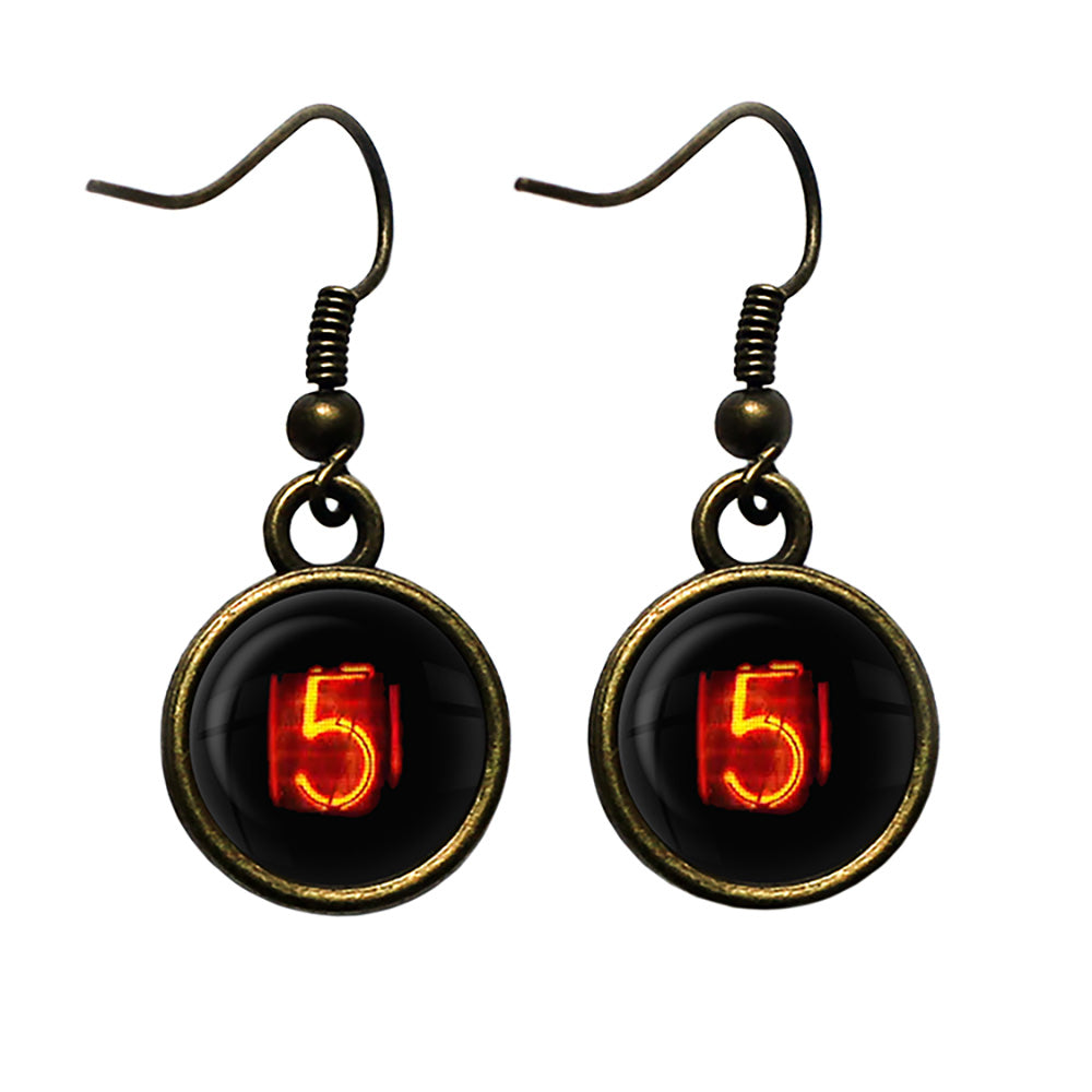 Dieselpunk Steampunk Cyberpunk Nixie Tube Print Number 5 Five Antique Bronze Earrings