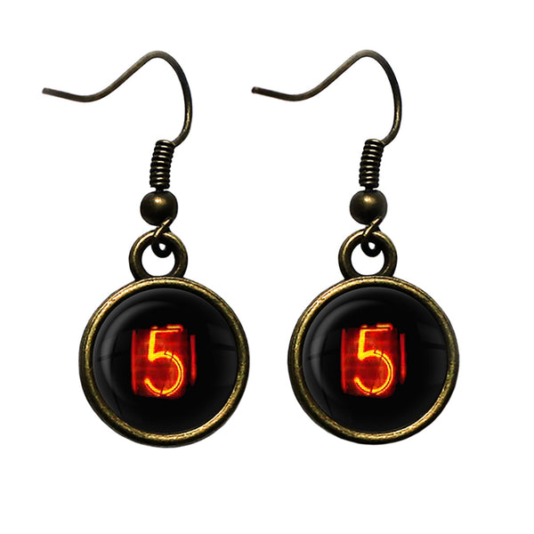 Dieselpunk Steampunk Cyberpunk Nixie Tube Print Number 5 Five Antique Bronze Earrings