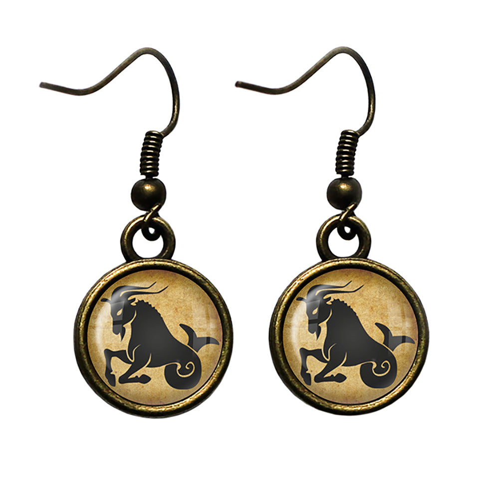 Zodiac Symbol Astrology Capricorn Antique Bronze Earrings