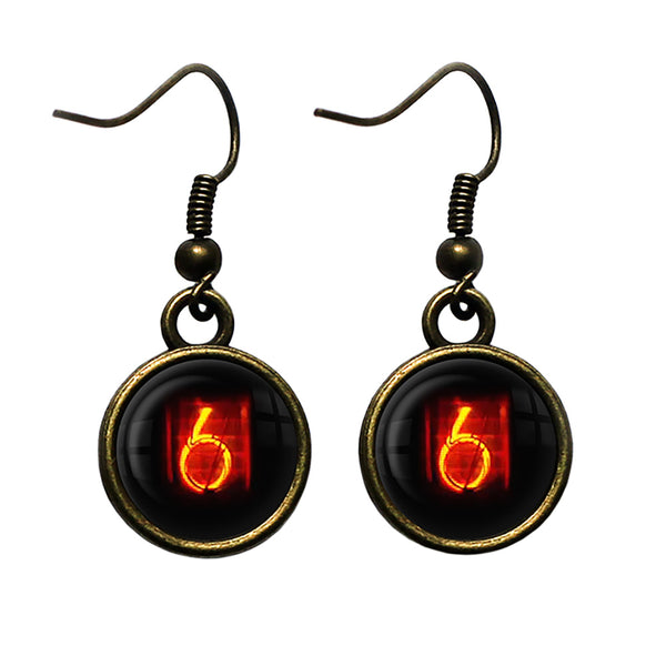 Dieselpunk Steampunk Cyberpunk Nixie Tube Print Number 6 Six Antique Bronze Earrings