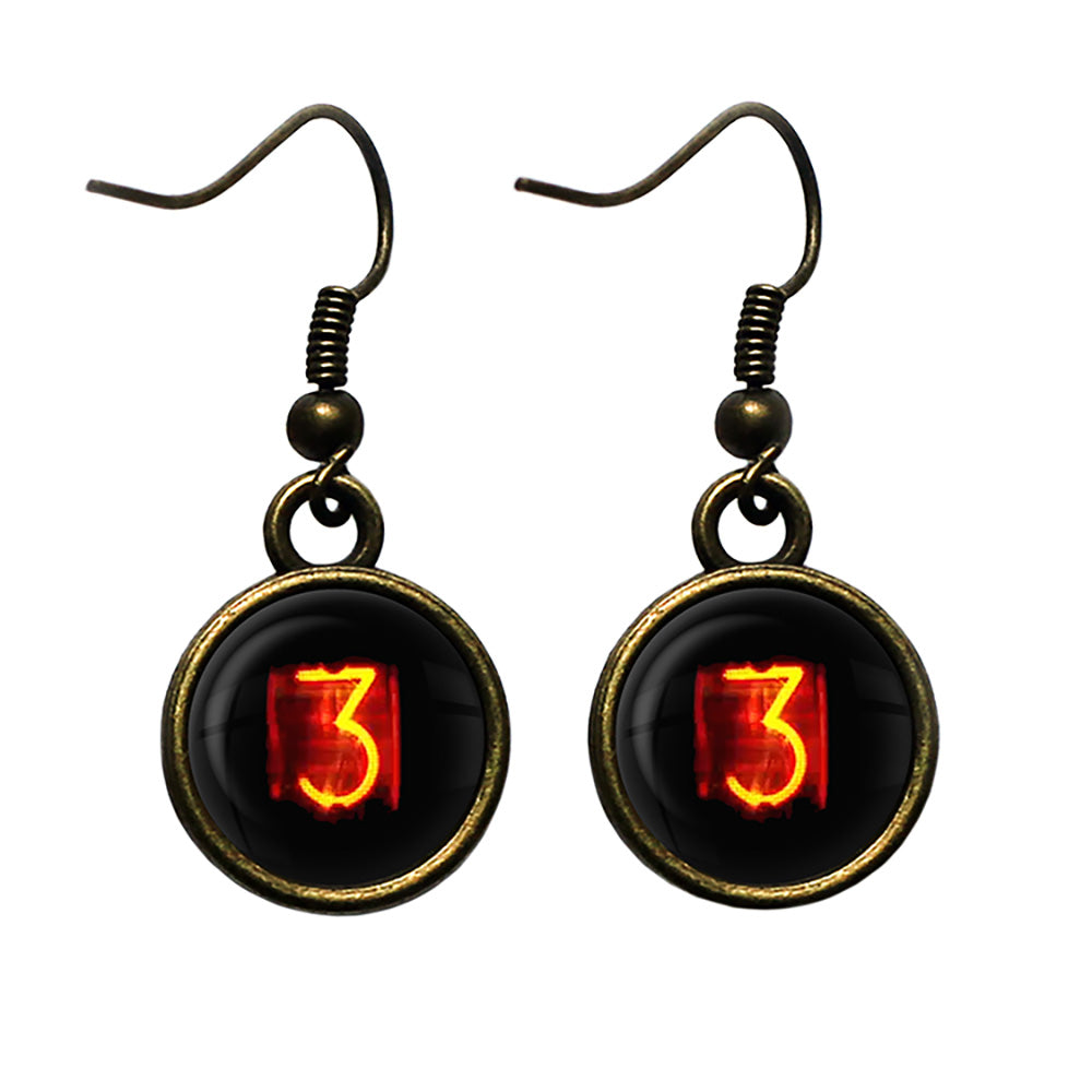 Dieselpunk Steampunk Cyberpunk Nixie Tube Print Number 3 Three Antique Bronze Earrings
