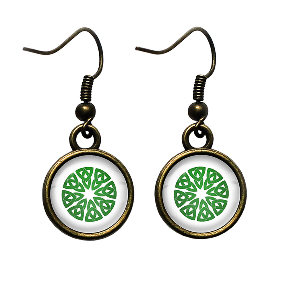 Celtic Knot Circle Green on White Antique Bronze Earrings