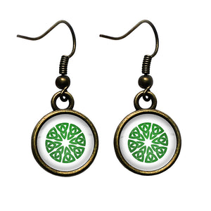 Celtic Knot Circle Green on White Antique Bronze Earrings