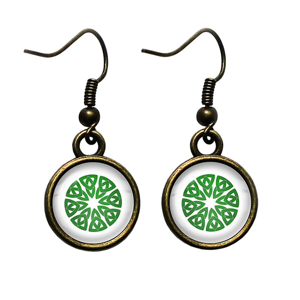 Celtic Knot Circle Green on White Antique Bronze Earrings