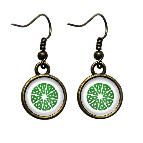 Celtic Knot Circle Green on White Antique Bronze Earrings