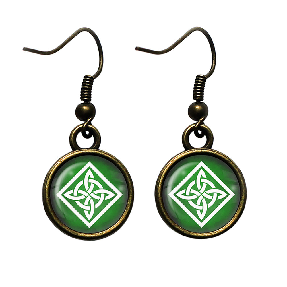 Celtic Knot Square White on Green Antique Bronze Earrings