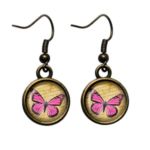 Pink Butterfly Antique Bronze Earrings