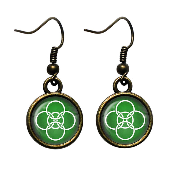 Celtic Symbol Celtic Symbol Five Fold Circles White on Green Antique Bronze Earrings