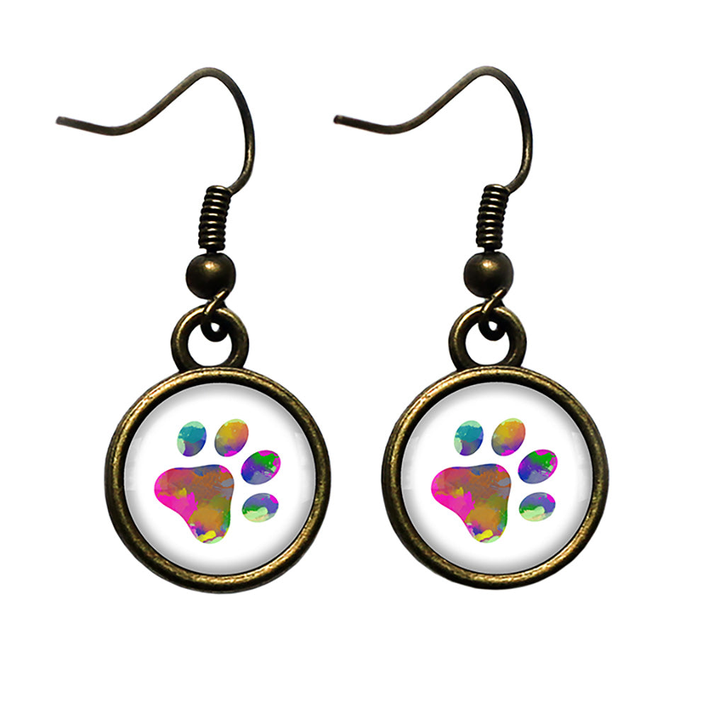 Dog Paw Print Rainbow Watercolor Antique Bronze Earrings