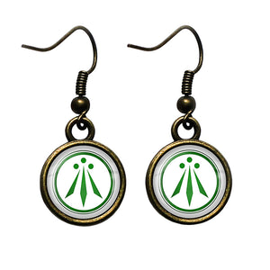 Celtic Symbol The Awen Three Rays of Light White on Green Antique Bronze Earrings