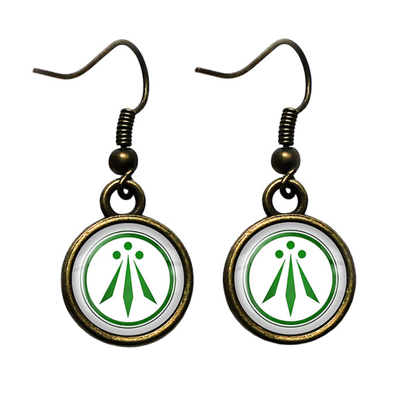 Celtic Symbol The Awen Three Rays of Light White on Green Antique Bronze Earrings