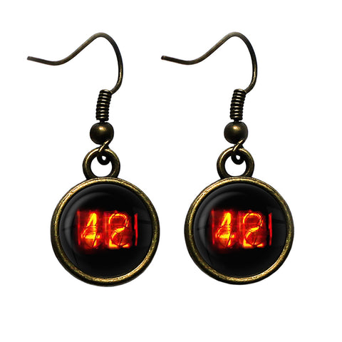 Dieselpunk Steampunk Cyberpunk Nixie Tube Print Number 42 Forty Two Meaning of Life Antique Bronze Earrings
